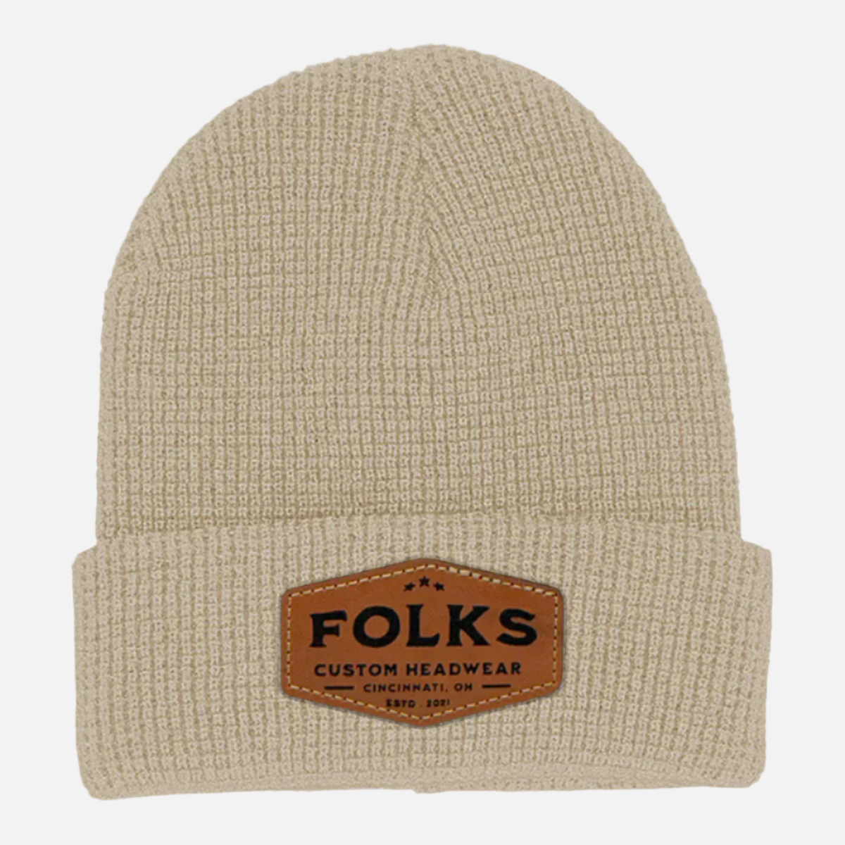 Waffle Knit Cuff 12" Beanie - Custom Leather Patch Beanie